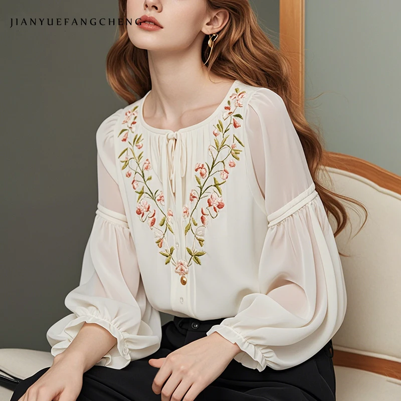 2025 Spring Women's French Embroidered Floral Chiffon Top - Loose-Fit Lantern Sleeve Blouse with Round Neck Soft Casual Shirt