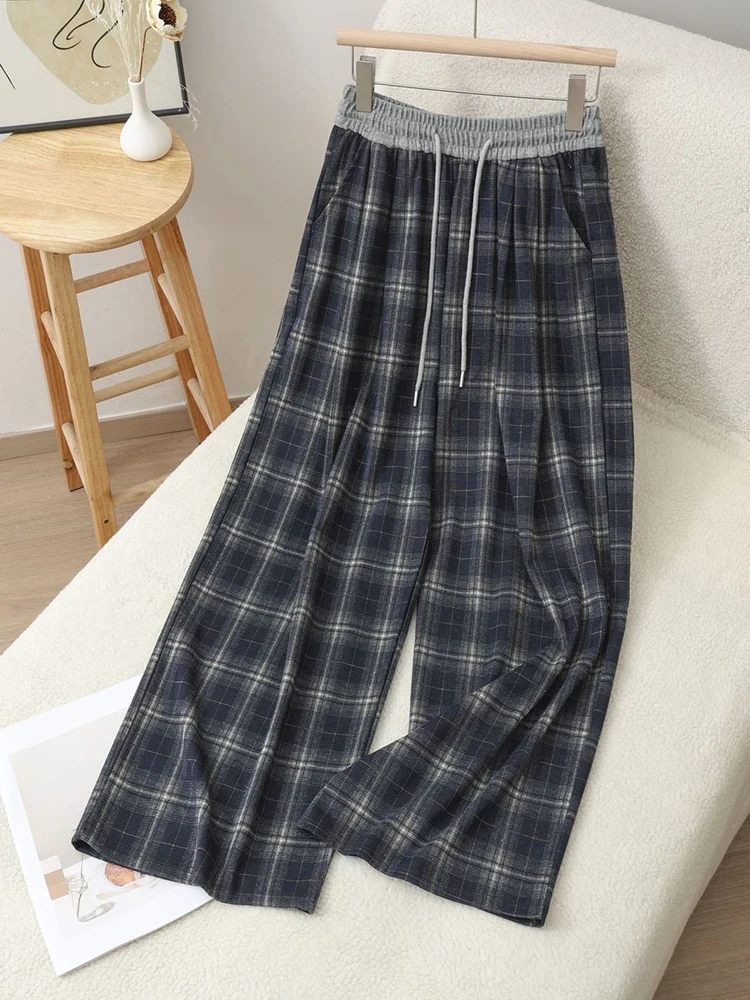 Pantalones de pierna ancha a cuadros Vintage para mujer, ropa de calle Y2K de otoño, Pantalones rectos de retales, pantalones deportivos con cordón de cintura alta Harajuku