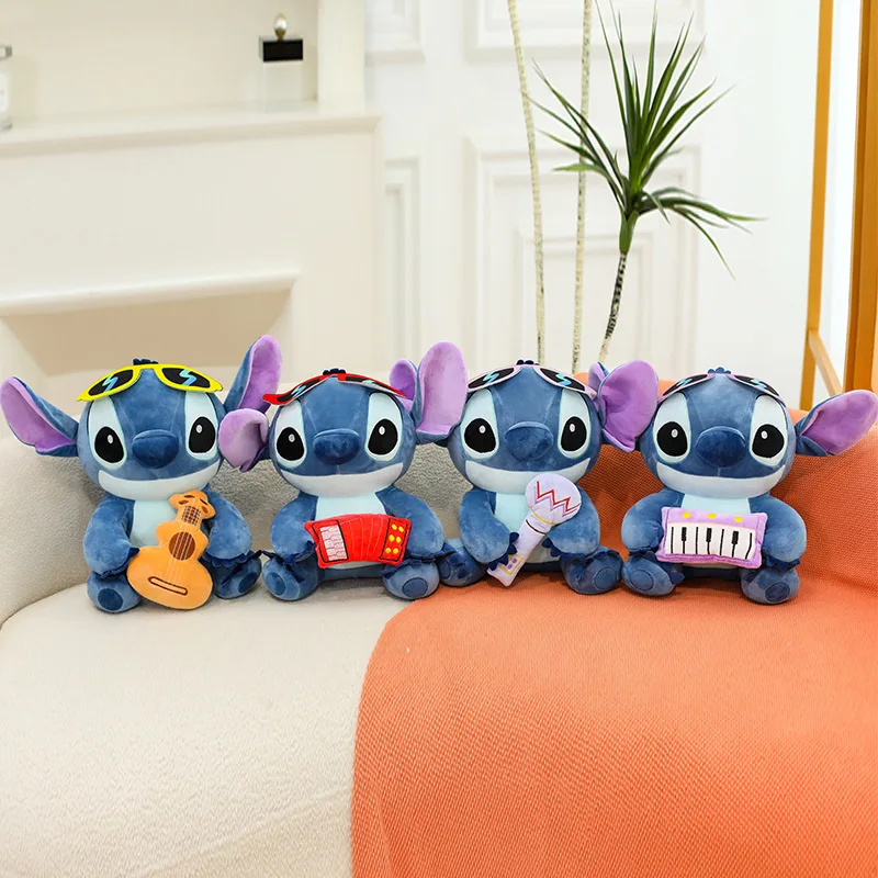 New Disney 25-45cm Kawaii Plush Doll Toy Trend Cool Handsome Music Stitch Guitarist Doll Sofa Pillow Ornaments Boy Birthday Gift