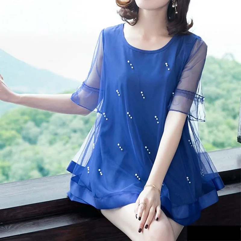 2023 New Casual Loose Solid Color T-shirt Summer Gauze Spliced Short Sleeve Women\'s Clothing Chic Pearl Beading O-Neck Pullovers