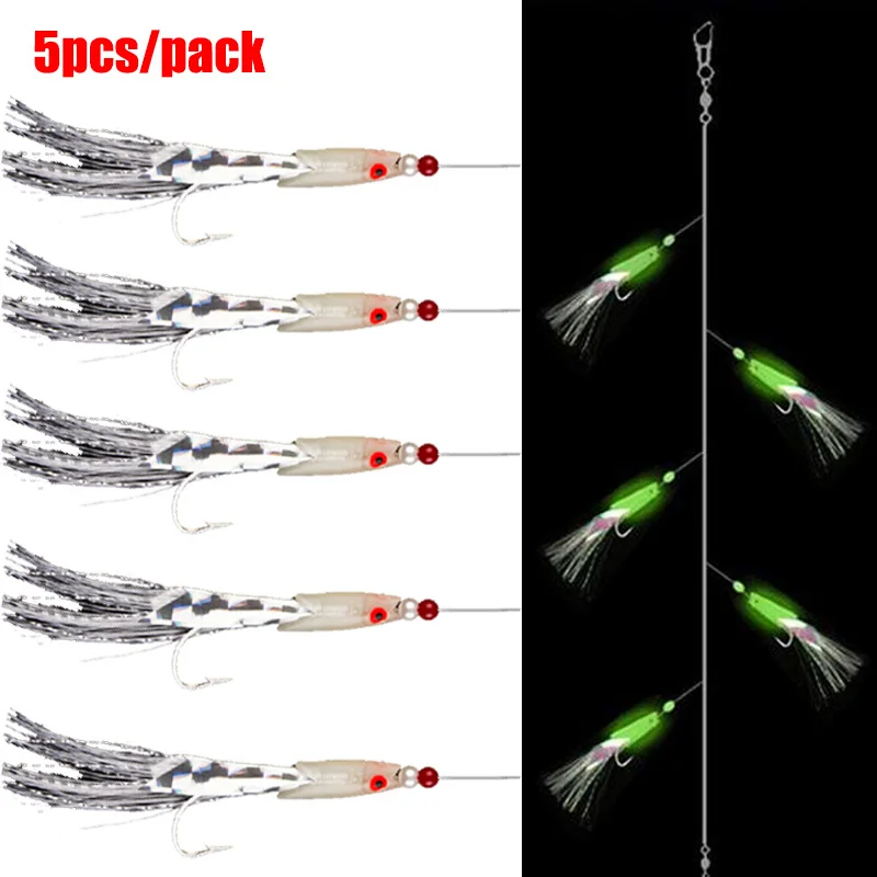 5 PCS Mackerel Barbed Hook Bass Cod Lures Sea Fishing Rigs Tackle Boat Fishing Hook with Thread Feather Roped Sea Fishinhook