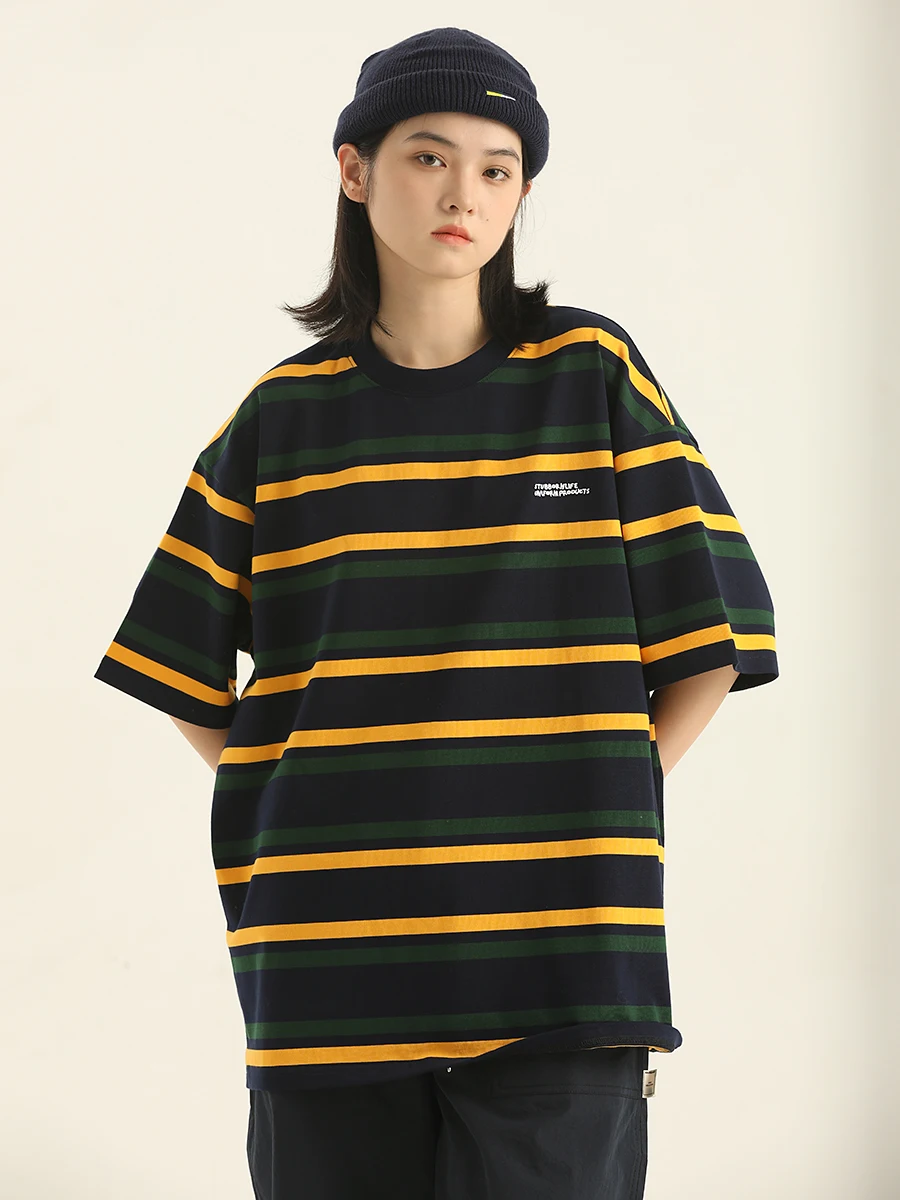 

STUBBORN LIFE Japanese Sle y Retro Striped Loose Fit ort Sve T-irt ex Heavyweight Summer round Ne Tee