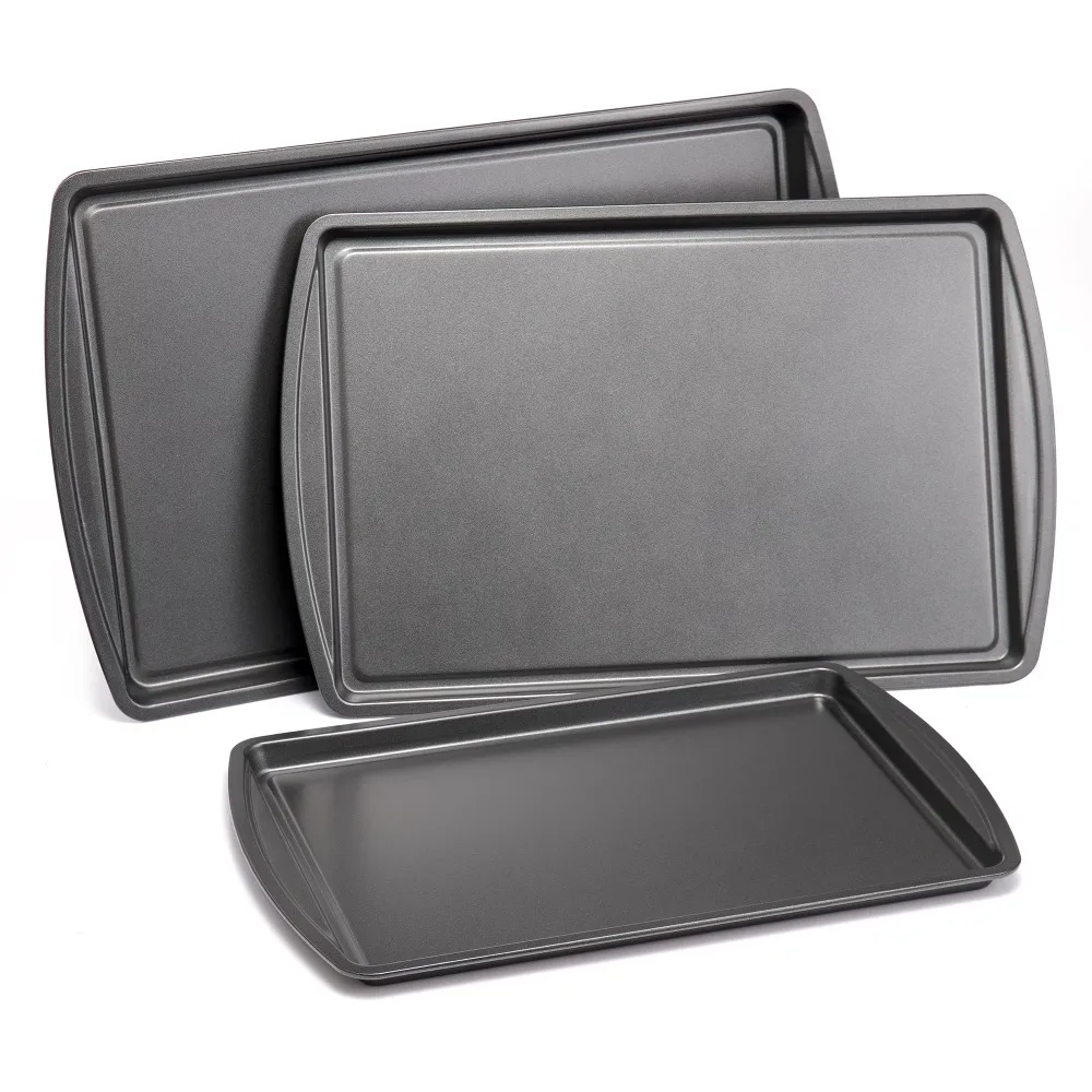 

3 Pack Nonstick Cookie Sheet Bakeware Set in Gray, Oven Safe Heavy Duty Baking Pans with Easy Release for Cookies, Pastries, Meats, Dishwasher Safe Cooking Sheets for Home Kitchen Baking Roasting and Daily Oven Food Preparation