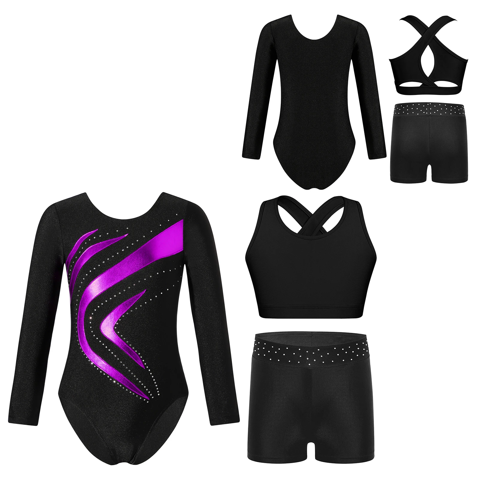 Kids Girls Gymnastics Ballet Dance Costume Set Long Sleeve Metallic Patchwork Leotard with Cross Back Vest and Rhinestone Shorts
