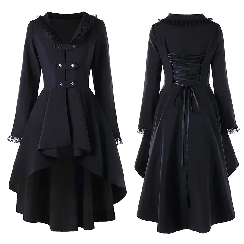 Medieval Gothic Coat Women Vintage Lace Patchwork Bandage Trench Jacket Swallow Tail Outwear Halloween Carnival Dress Up Party