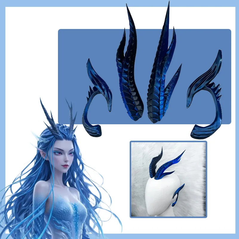 Nezha 2 Aorun Dragon King of the West Sea Cosplay Costume Set Horn Ear Accessories 3D PLA Metalic Blue Costumized Outfit