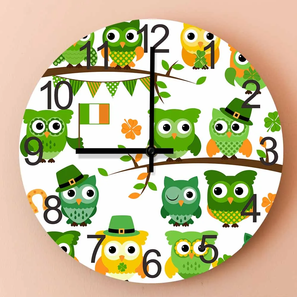 Baby Owl Bird Shamrock Silent Wall Clock For Irish Nursery Baby Room Saint Patrick's Day Ireland Home Decor Clock Wall Watch