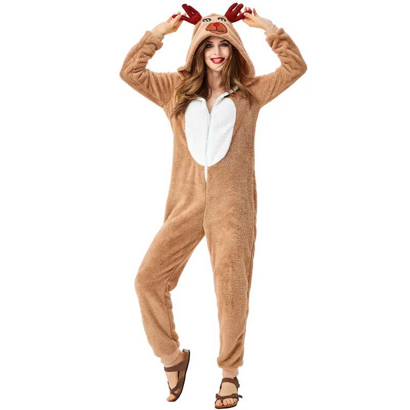 Niedliches Rentier Tier Eltern-Kind Kostüm Weihnachten Elch Cosplay Kapuzen overall für Frauen & Mädchen Korallen Fleece Khaki Nachtwäsche