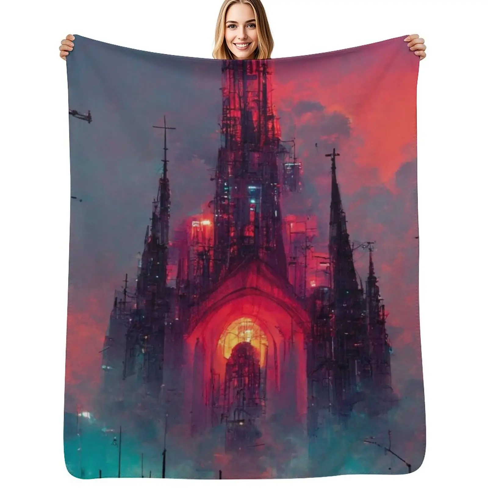 

Cyberpunk Cathedral In Sunset Throw Blanket Baby Hair Blankets