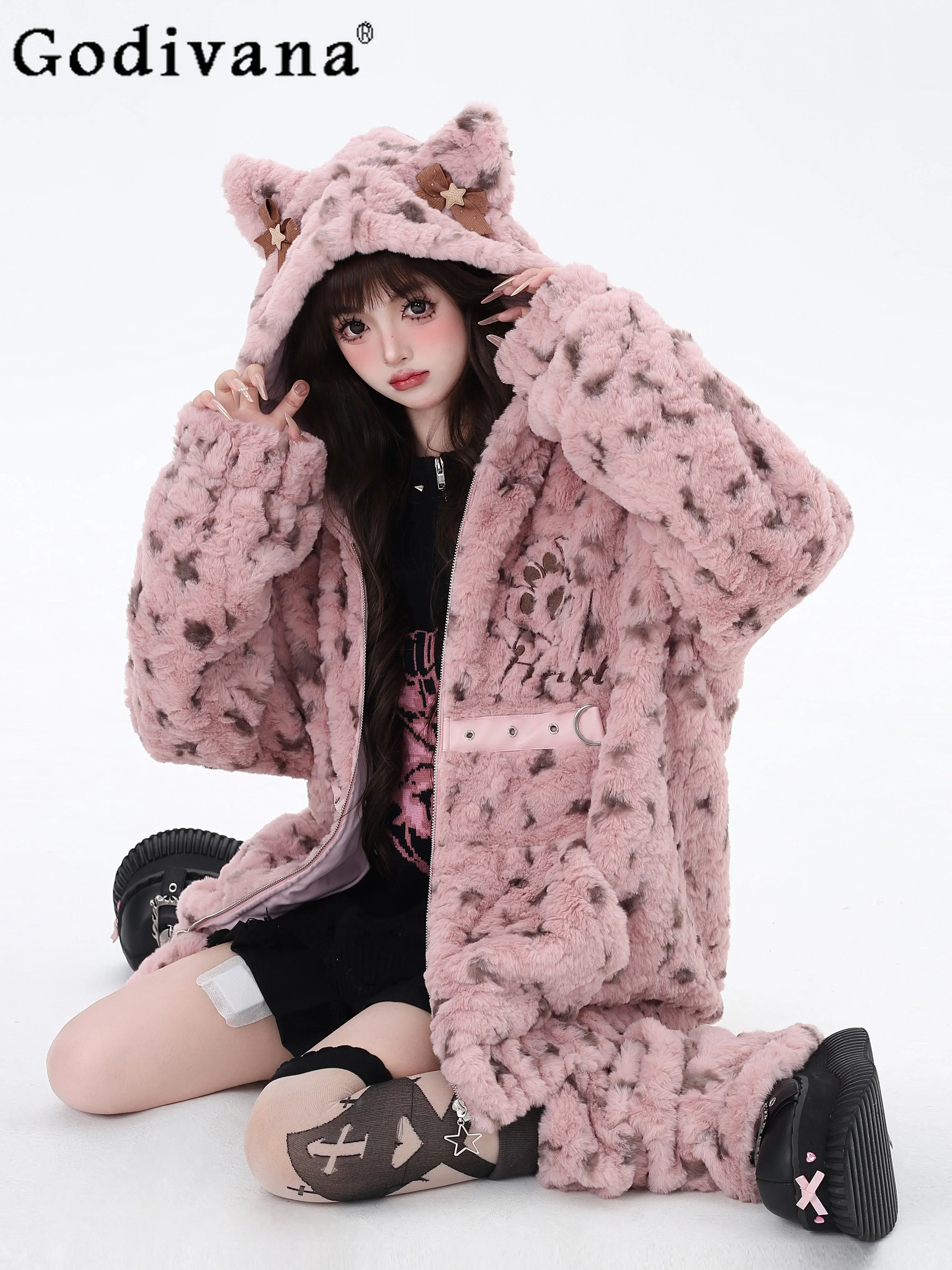 Original Design Y2k Plush Coat Autumn and Winter Warm Thickened Hooded Faux Fur Jacket Student Sweet Fur Coat with Leg Warmer