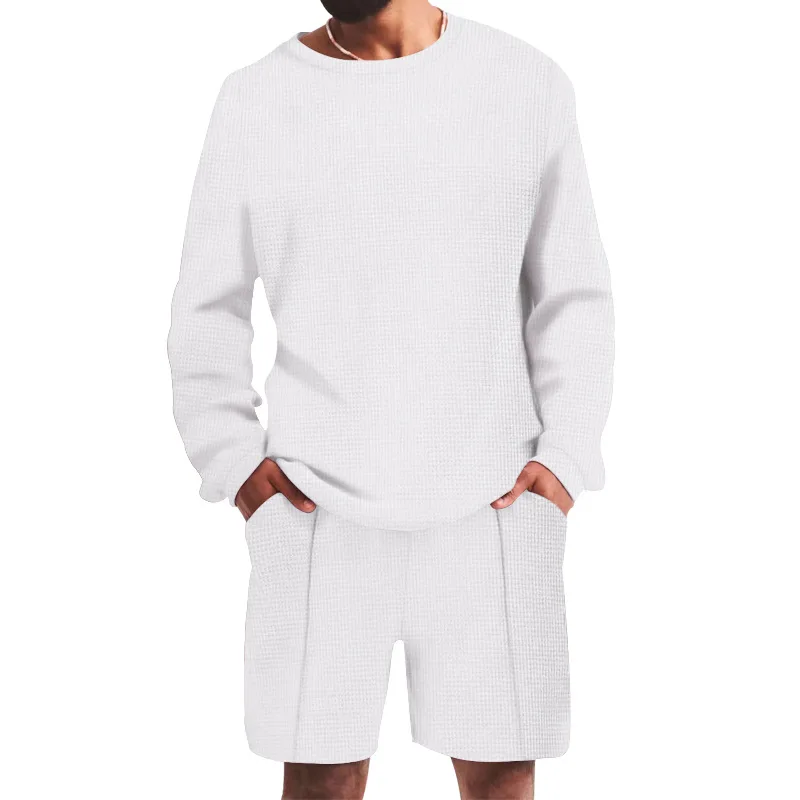 

Mens Waffle Knit Long Sleeve T Shirt Summer Casual Sportswear Set Shorts 2 Piece Outfit Gym Beach Comfort