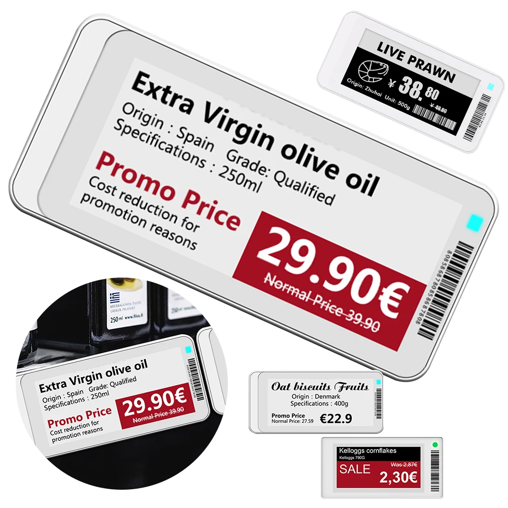 Cartão eletrônico de etiqueta de preço, 2.1 polegadas, 2.9 polegadas, versão bt com software operacional de aplicativo, tela tft, tela eink, exibição de papel eletrônico