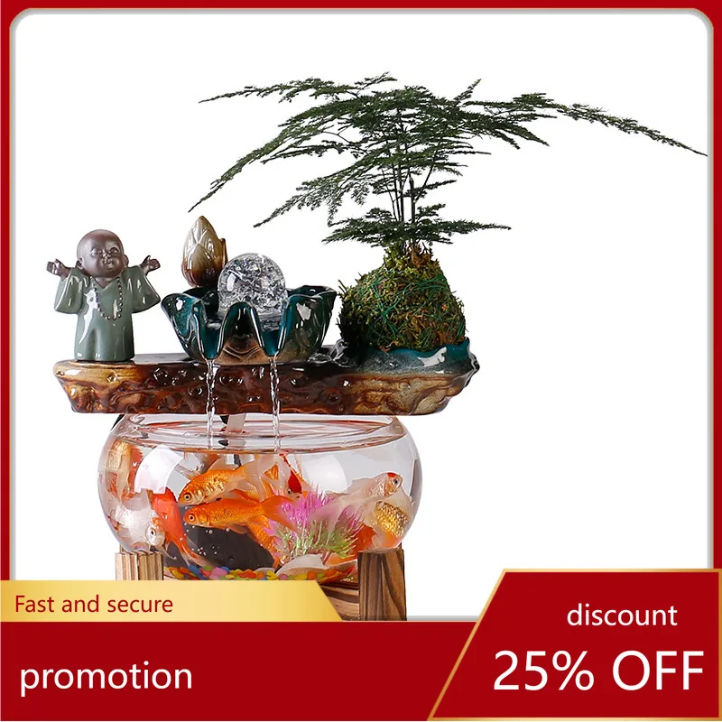 CZ Water Circulation Flowing Water Ornament Living Room Study Office Goldfish Tank Round Small Desktop Ultra-clear Glass