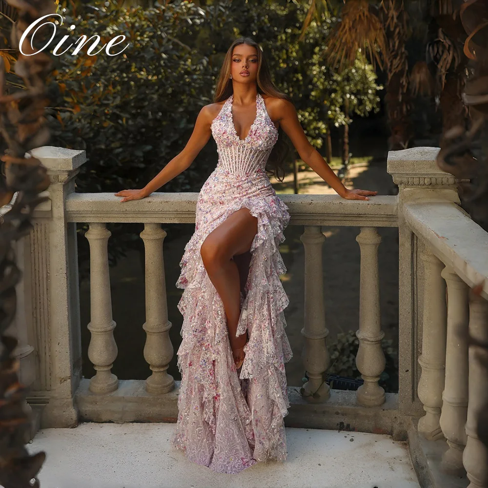 Oine Elegant Arabian Night Multi-layer V-neck Sleeveless Evening Dress for Women Luxury Prom Party Customized Side Slit 2027