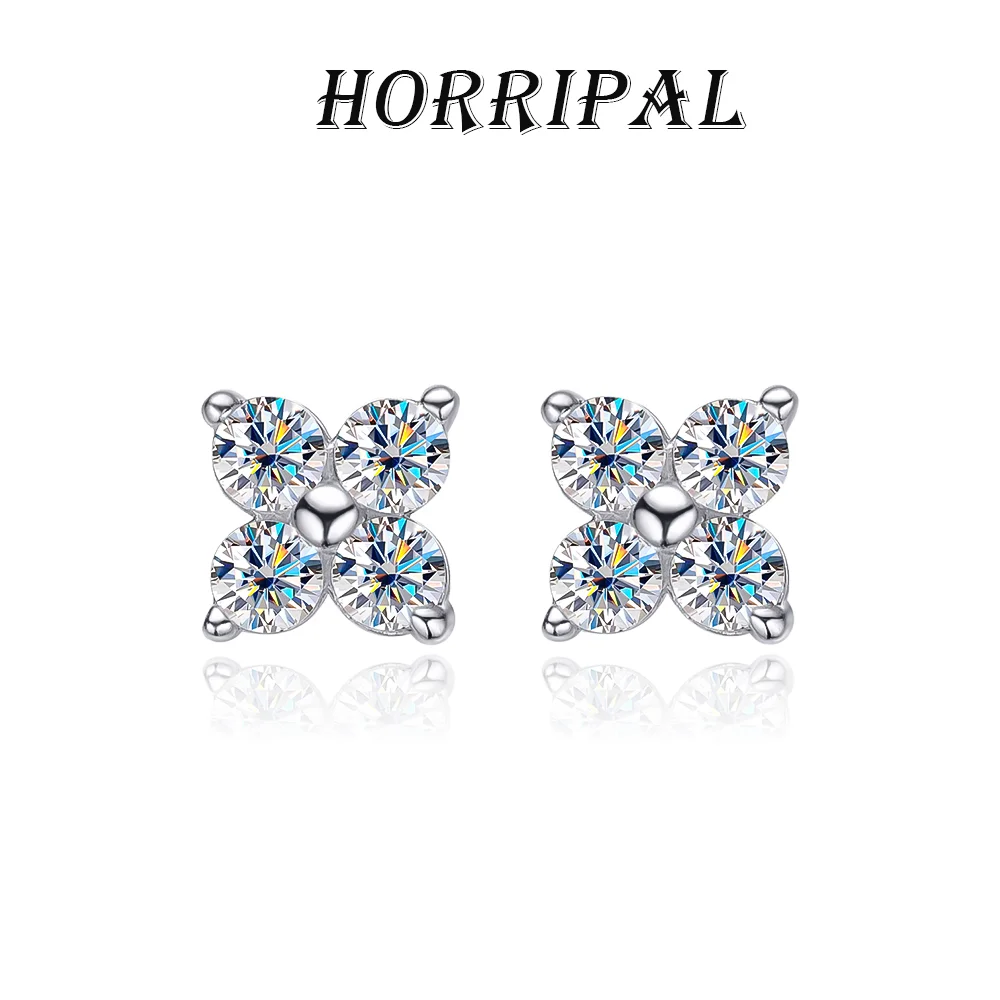 HORRIPAL D VVS1 4 Stones Moissanite Stud Earrings for Women S925 Sterling Silver Waterproof GRA Classic Refined Lucky Jewelry