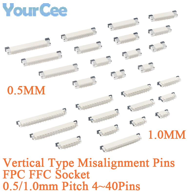 10Pcs 0.5mm 1.0mm Pitch FPC FFC Connector Socket Vertical Type Misalignment Cross Pins 4 5 6 8 10 12 16 18 20 26 28 30 34 40pin