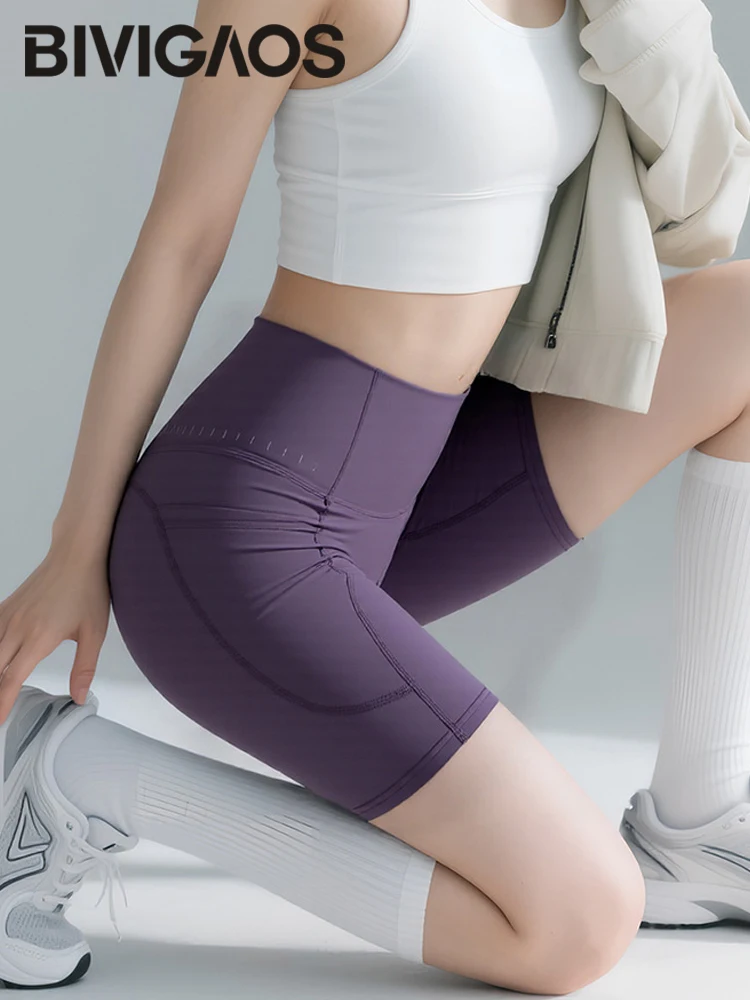 BIVIGAOS Summer New Pocket Yoga Cycling Shorts Women's Tight Fitness Bicycle Shorts Running Training Fitness Biker Shorts
