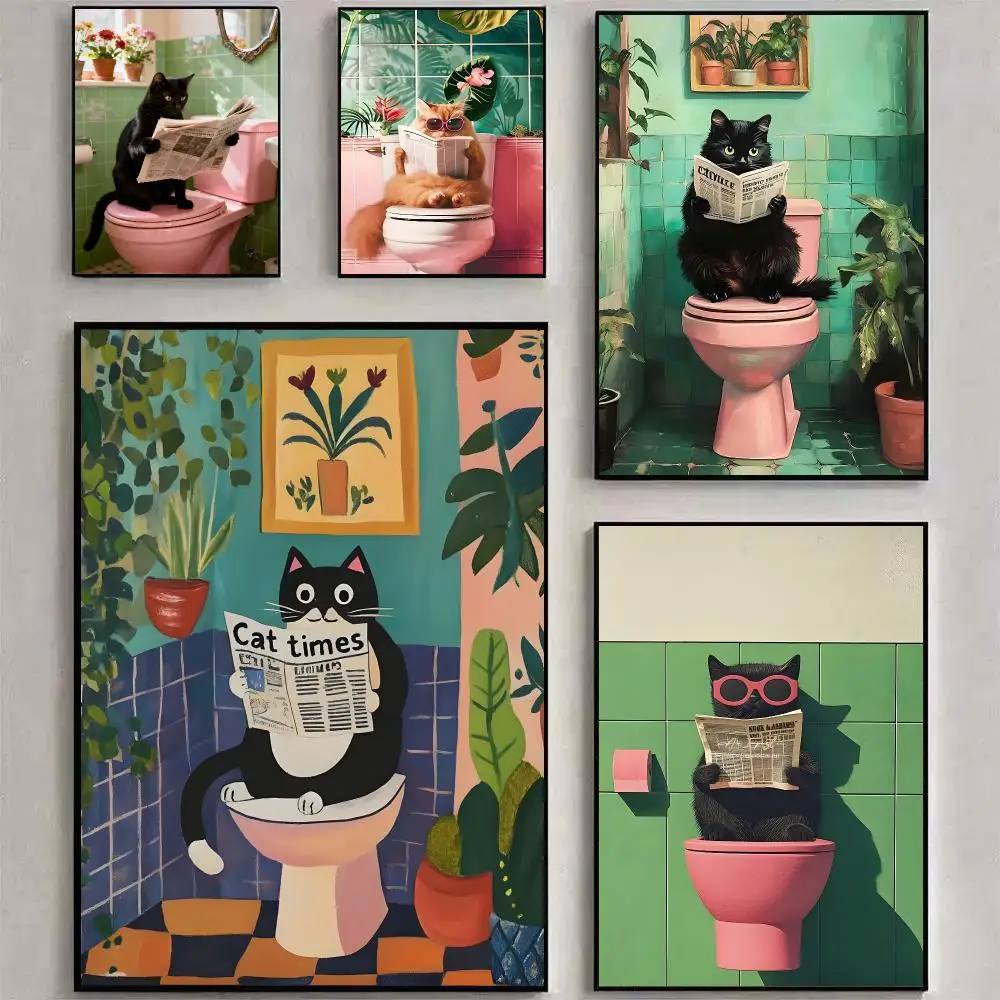 Bathroom Cat Reading on Toilet Poster Room decoration, home wall art printing, waterproof bedroom poster, gift
