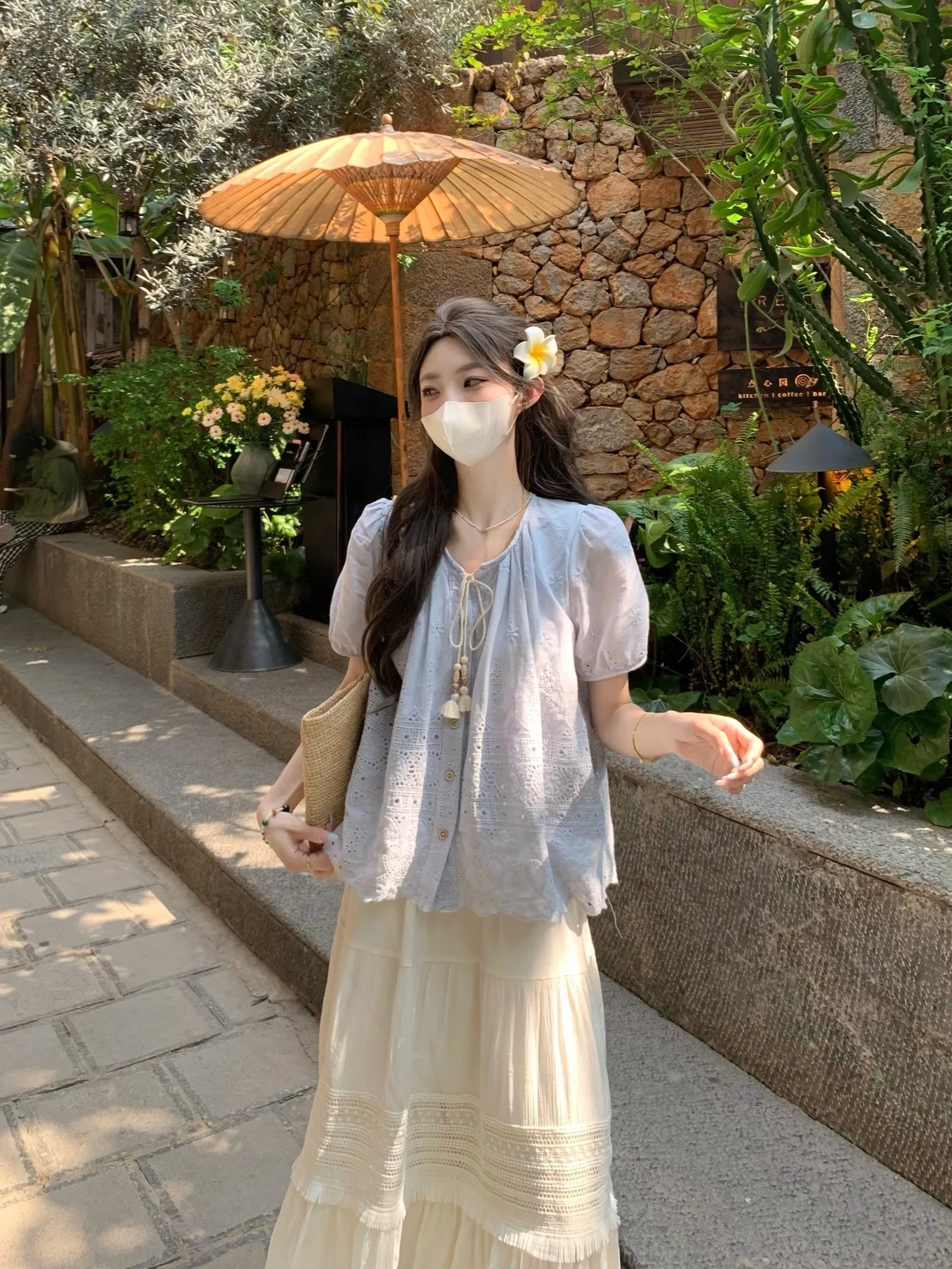 

Blue Bubble Sleeve Shirt Women's Sweet Korean Style Dopaamine Summer Fashion Tassel Bow Tie Top Skin-friendly Breathable