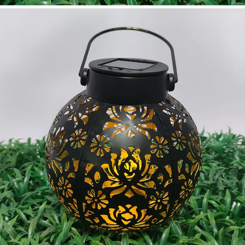 

Outdoor Garden Landscape Decoration Solar Lights LED Metal Waterproof round Lantern Lights Hanging Hollow Projection Lights
