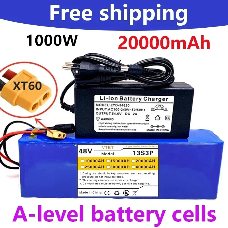 2024 VTET New 48V 40000mAh 1000W 13S3P XT60 18650 Lithium Battery Pack 40AH for 54.6V E-bike E Bicycle Scooter with BMS+charger