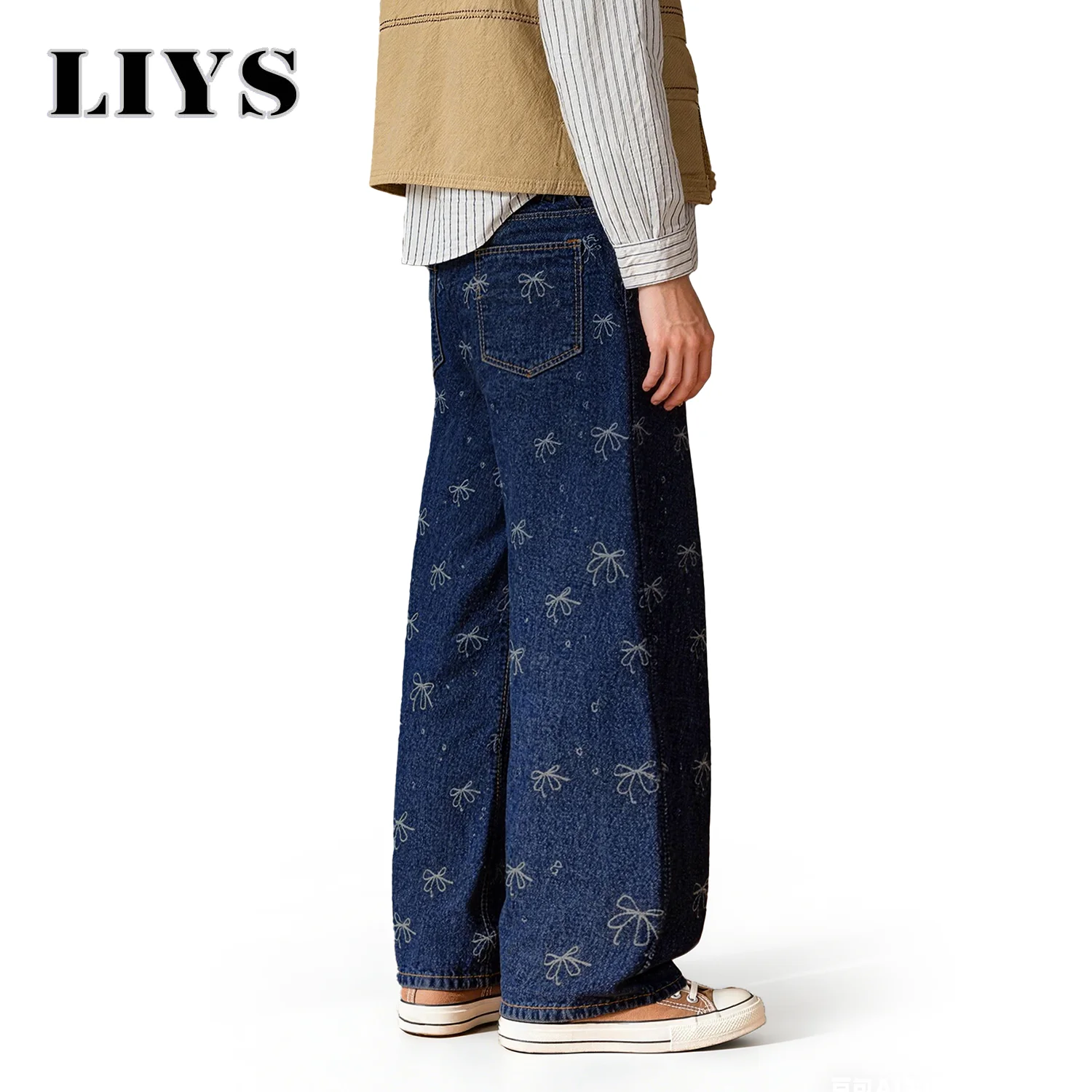 LIYS Japanese/Korean Fashion Bow Jacquard Baggy Wide-Leg Jeans American Retro Bow Jacquard Extra Wide-Leg Denim Pants Unisex ﻿
