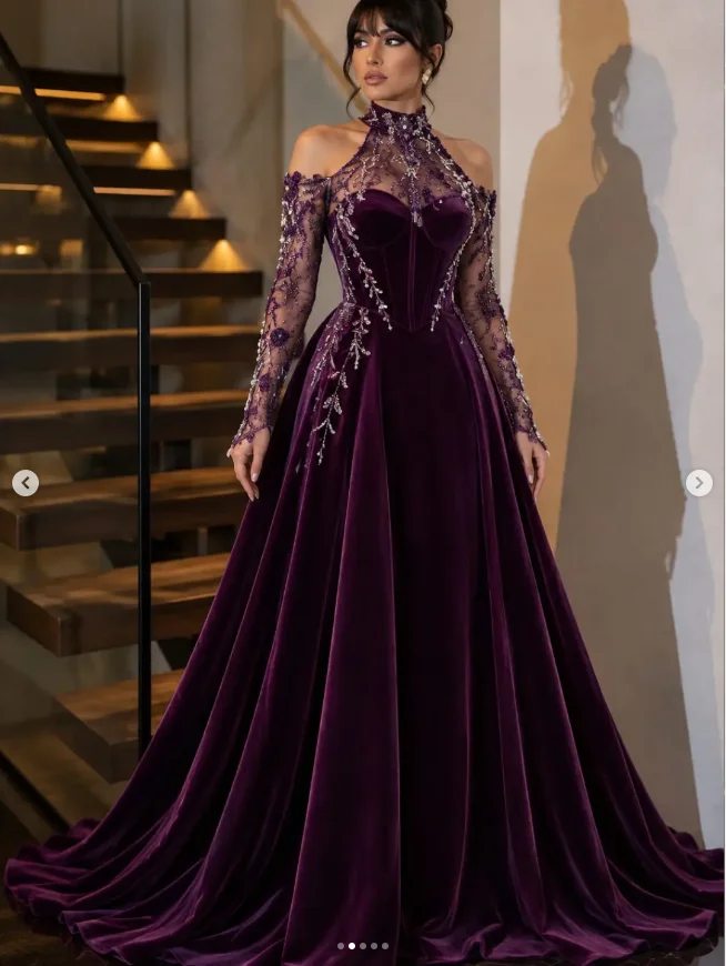 Customized Purple Halter Neck Long Sleeve Prom Dress Floor‑Length Off The Shoulder A-Line  Appliques Beads Evening Dresses