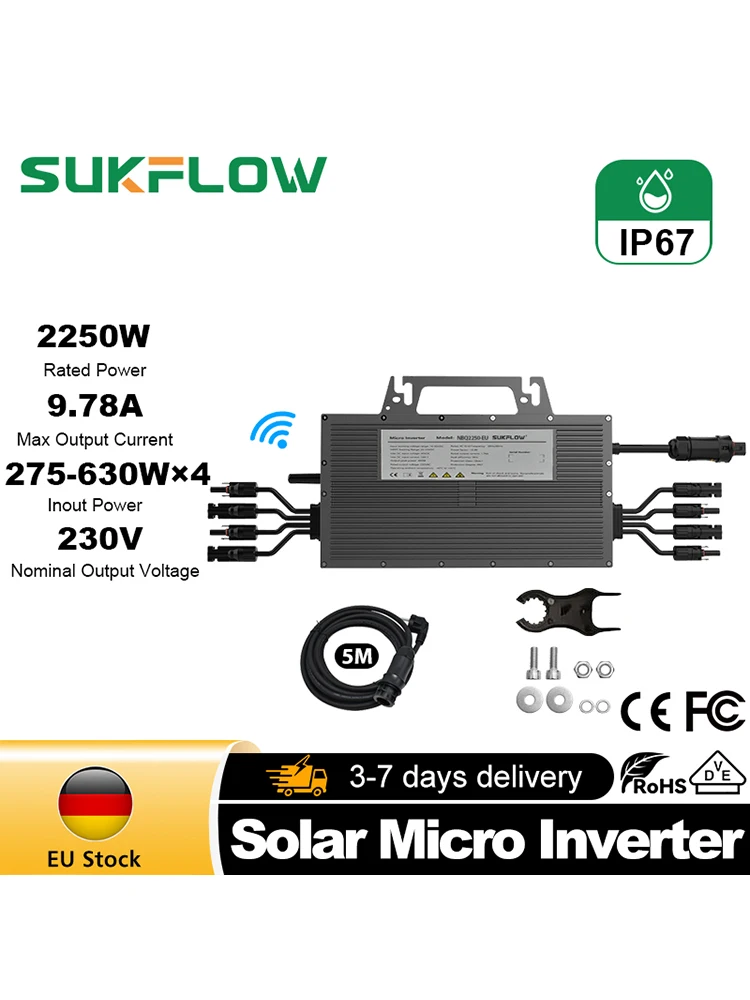 2250W Solar-Mikrowechselrichter für Balkon-Solarsystem EU-Stecker Netzgekoppelter Wechselrichter MPPT WiFi Smart Monitoring 230V Heim-Solar-Kit