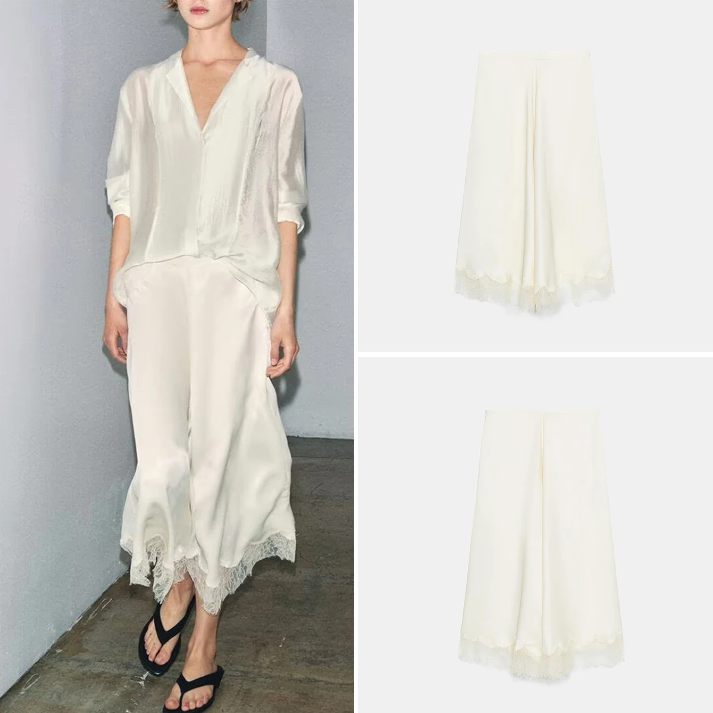 Fashionable Silk Satin Skirt with Lace Trim A-Line Women's Spring 2026 New Arrival Elegant Atmosphere ZADATA Standard Fit