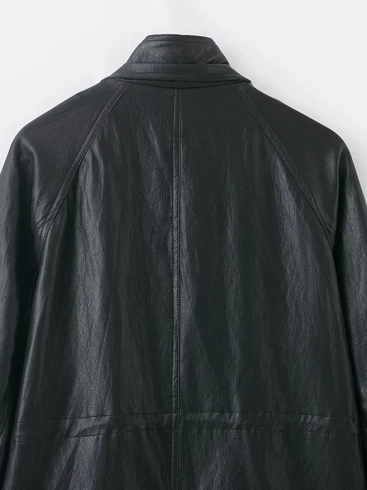 여성 레트로 숏 가죽 재킷 여성 블랙 시크 스탠드 칼라 지퍼 포켓 허리 조임 재킷 여성 데일리 하이스트리트 코트