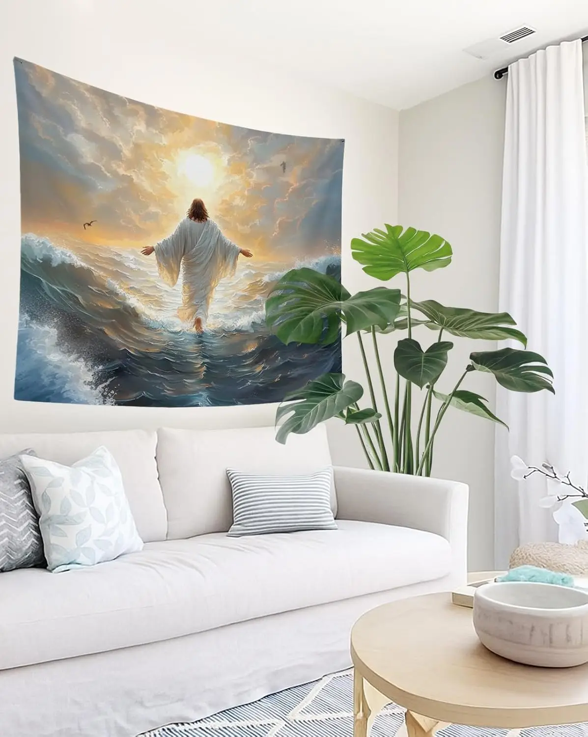 Inspirational Jesus Walking Through Waves Tapestry Wall Decor Religious Biblical Christ Spiritual Ocean Scene Art for Home Bedro