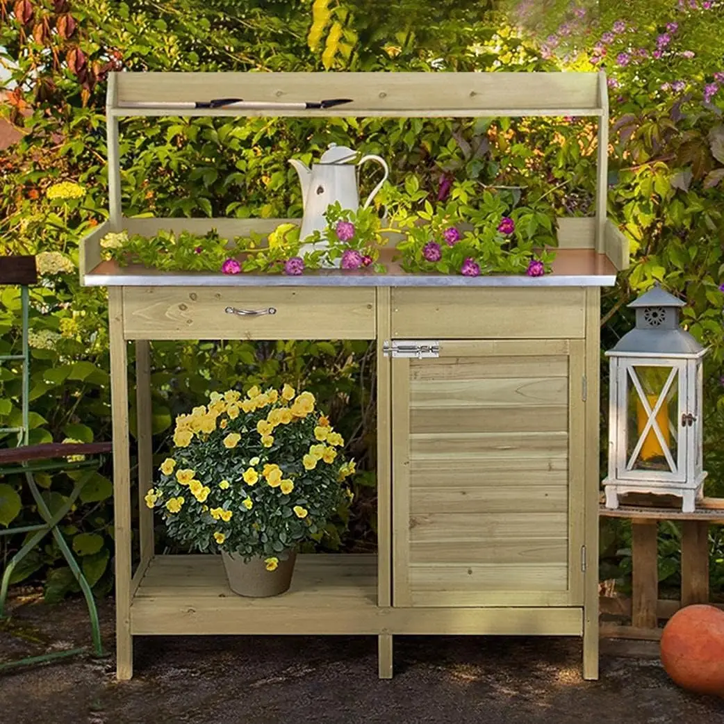 

Garden Potting Bench Potting Table ACQ Lumber Wood Outdoor Work Station Work Bench Planting with Cabinet & Drawer