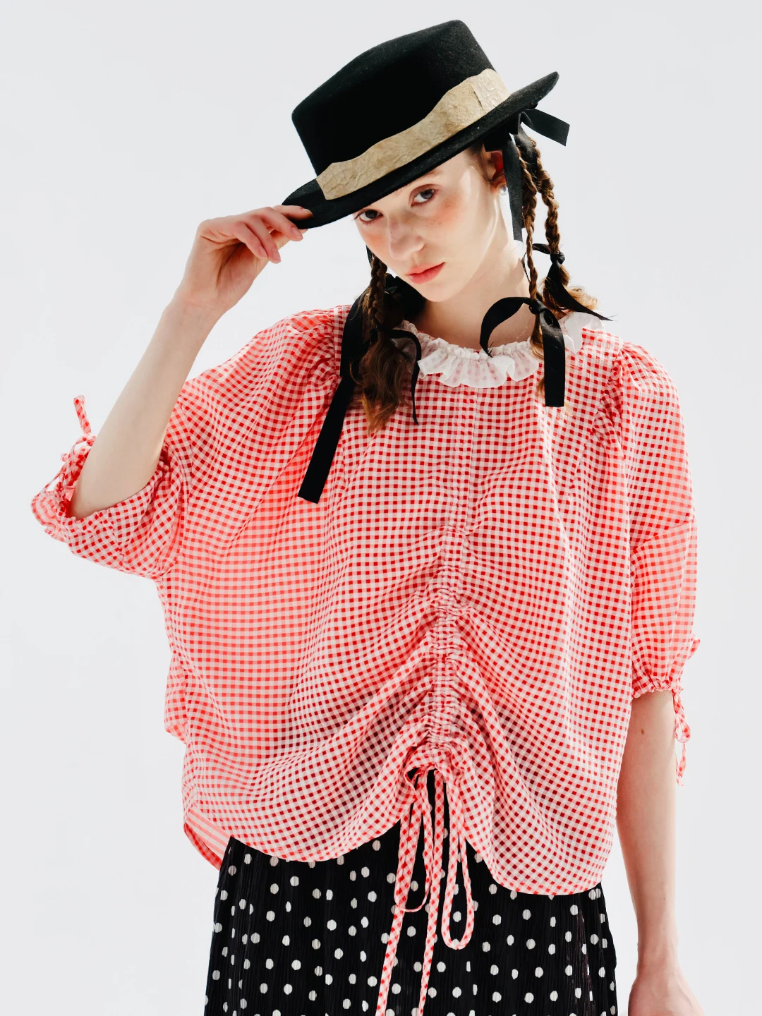 

imakokoni original red plaid shirt bubble sleeve women's summer design sense niche shirt short sleeve 234095