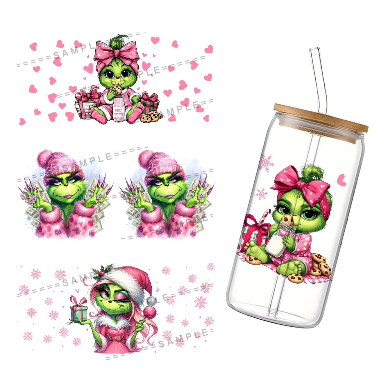 Nieuwe Mode Kerst Cartoon Voor Libbey 16Oz Kan Glas 3d Waterdichte Uv Dtf Koffie Kan Verpakken Libbey Glas Wrap