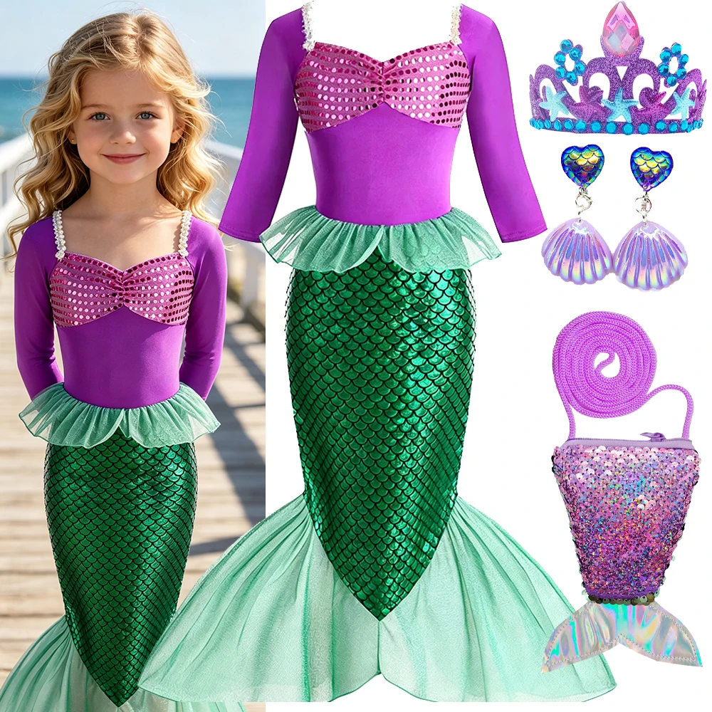 Mermaid Costume Girls Long Sleeve Fishtail Costume With Scale Print Crown Necklace Complete Accessories Set For Sea Theme