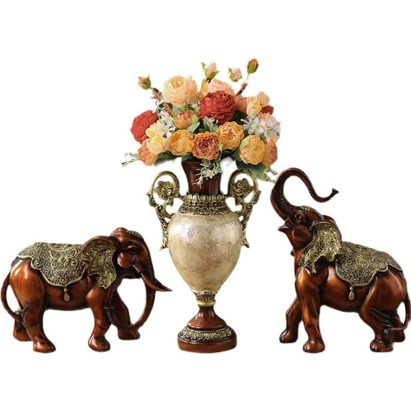 

Luxury High-End Elephant Decoration American Retro Vase Three-Piece Villa Living Room Decorations