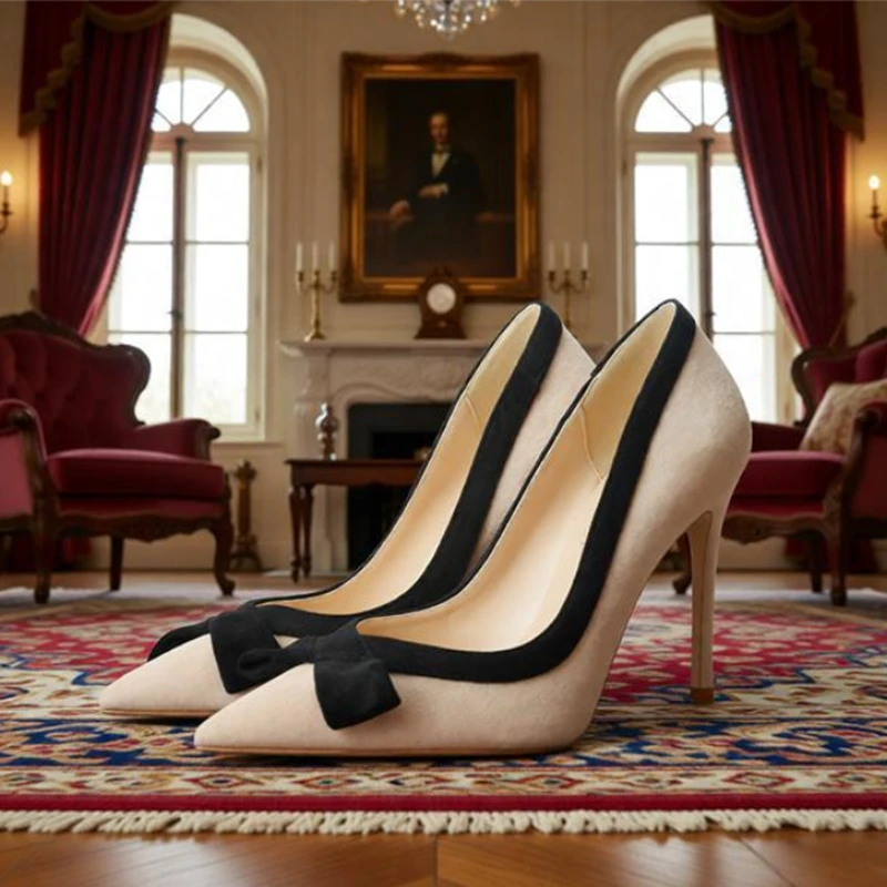 

Black Butterfly-Knot Trim Patchwork Evening Pumps Pointed Toe Shallow Heels 10Cm Beige Red Suede Female Shoes Slip On