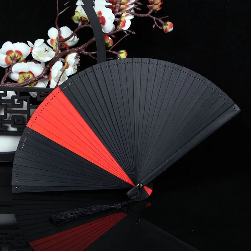 Chinese Style Solid Color Bamboo Fan Portable Retro Elegant Handheld Fans with Random Tassel Exquisite Kimono Fan