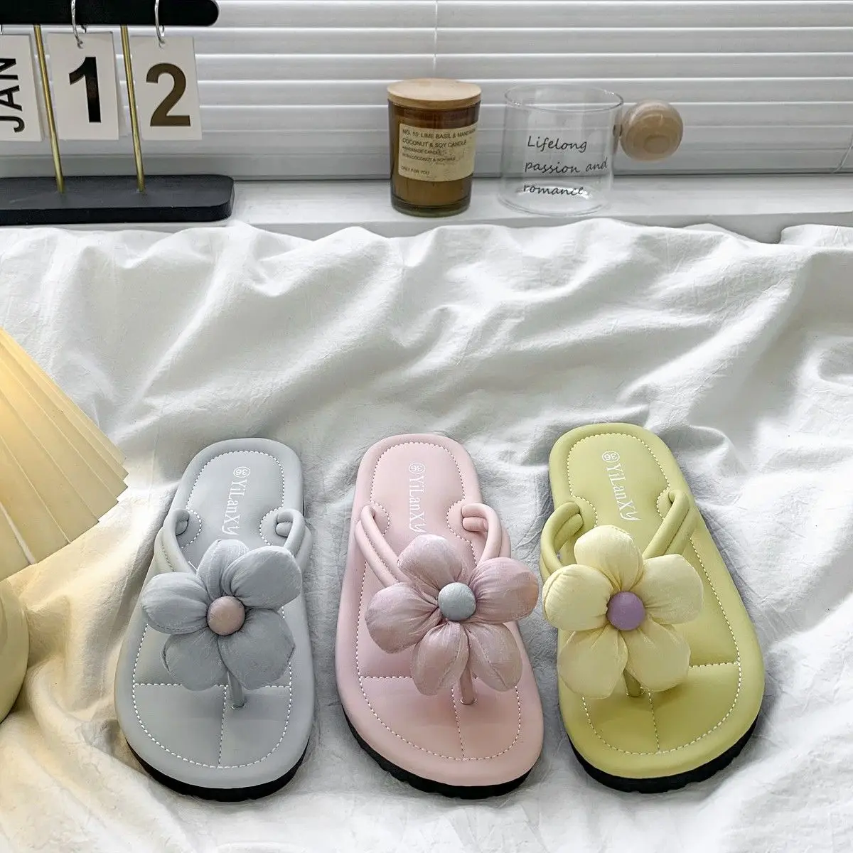 

Lolita Shoes for Women Summer Cute Flower Sandals Outdoor Soft Beach Flat Shoes Women Green Slippers Girls Casual Flip Flops