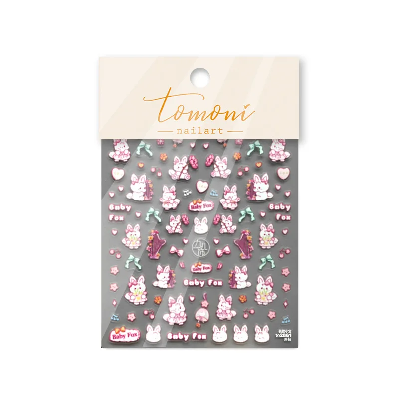 Cute Cat Bunny Animal Rabbit Flower 5D Relief Self Adhesive Nail Art Decoration Stickers 3D Colored Manicure Decals DIY Kitty