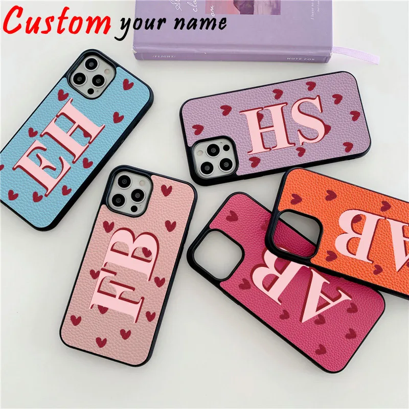 Love Hearts Personalisad Leather Initials PU Leather Iphone case for for iphone 13 Pro Max 12 11 Pro Max X XR 7 8 Plus Cover Hot