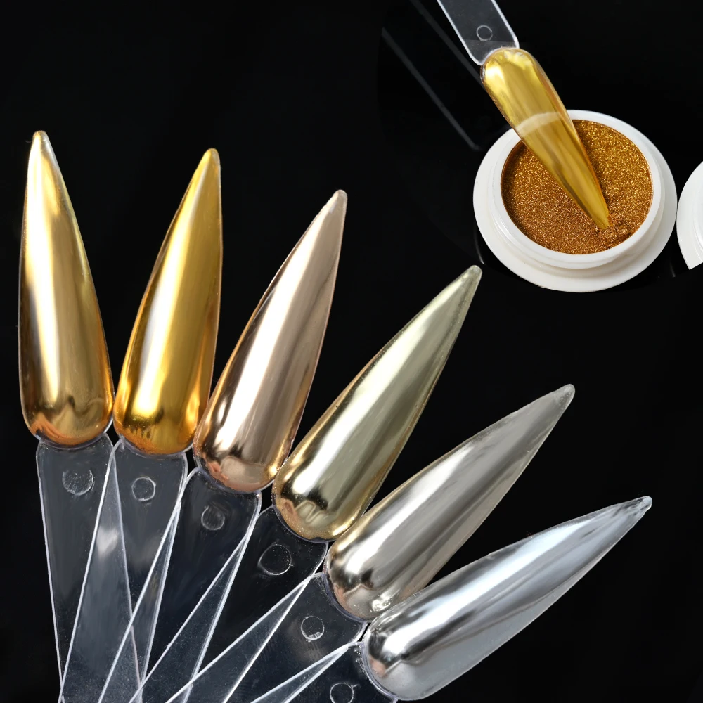 6 Stück elegante Spiegel mit Chromeffekt, metallischer Staub, holografisch glasierte Maniküre-Dekoration, reflektierend, Gold, Silber, Glitzer, 2030