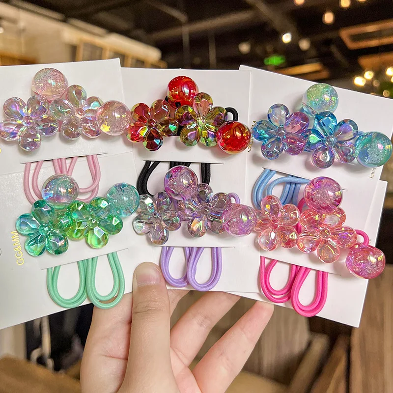 Hair Tie Elastic Bubble Beads Translucent Colorful Flower Korean Kids Girls Ponytail Holder Soft Durable Decorative Cute Daily