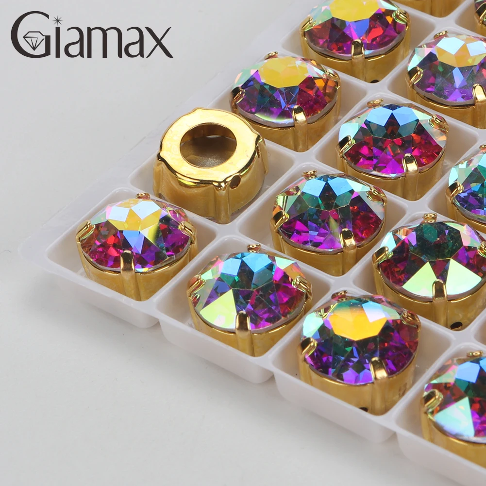 Giamax High Quality  Round Glass Crystal Sewing Stone With Gold Silver Claw Sew on Rhinestones For Garment Clothes Bags