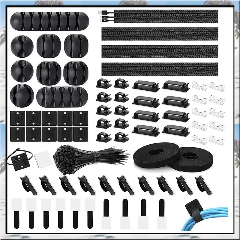 RABIT AS59~ 173 Pcs Cable Management Organizer Kit, Adhesive Cable Clips Holder,Cable Ties,Adhesive Wall Cable Tie,Fasten Cable