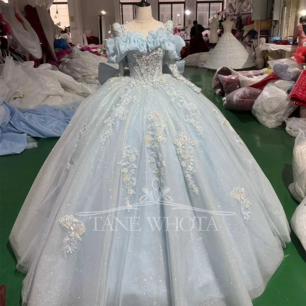 

Blue Evening Dress O-Neck Long Sleeve Crystal Embroidery Lace Up Keyhole Back Bow Detail Customizable Women's Gown