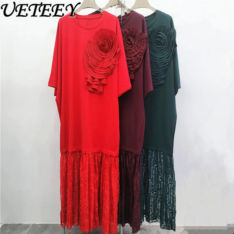 

2026 Ранняя весна, новое свободное платье с короткими рукавами, трехмерное кружевное лоскутное платье с цветочным узором, элегантные утягивающие длинные прямые платья