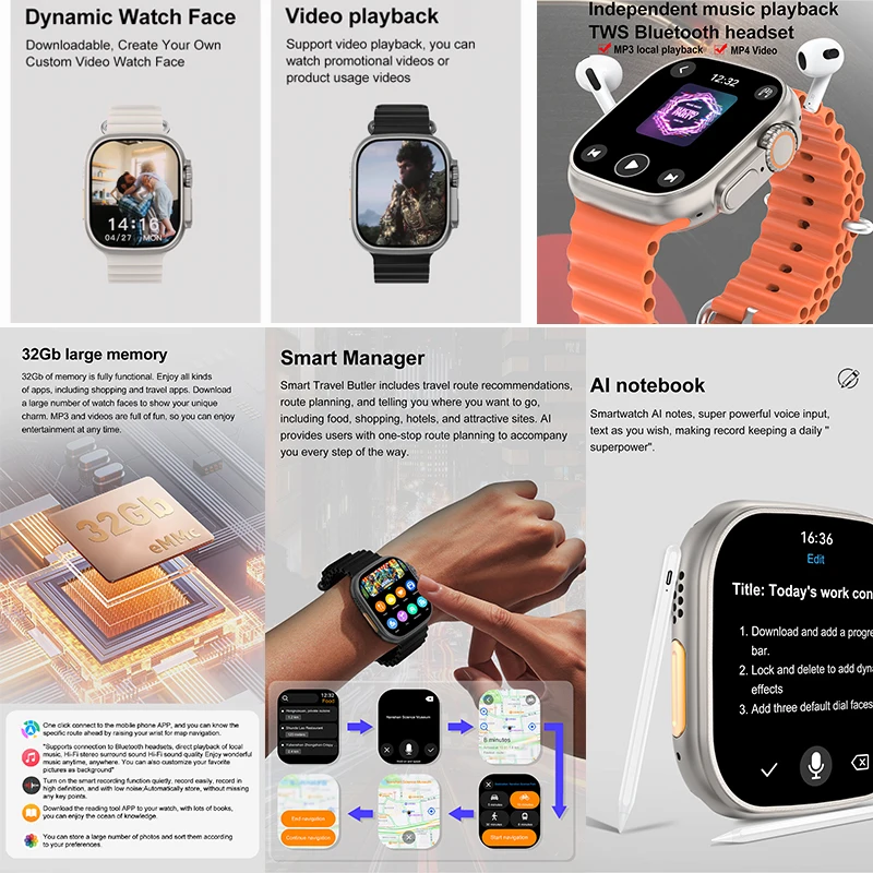 DT Ultra 3 ساعة ذكية Amoled HD شاشة 32Gb MP3 MP4 لاعب بلوتوث شبكة تقاسم APP مخزن GPS خريطة البوصلة الرياضة SmartWatch