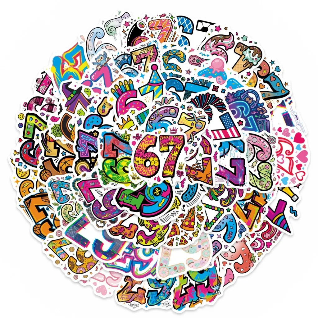 50Pcs Fun Number 67 Graffiti Stickers, Unique Waterproof Decals for Luggage Scooter DIY Decoration Golden Memory Stickers Store