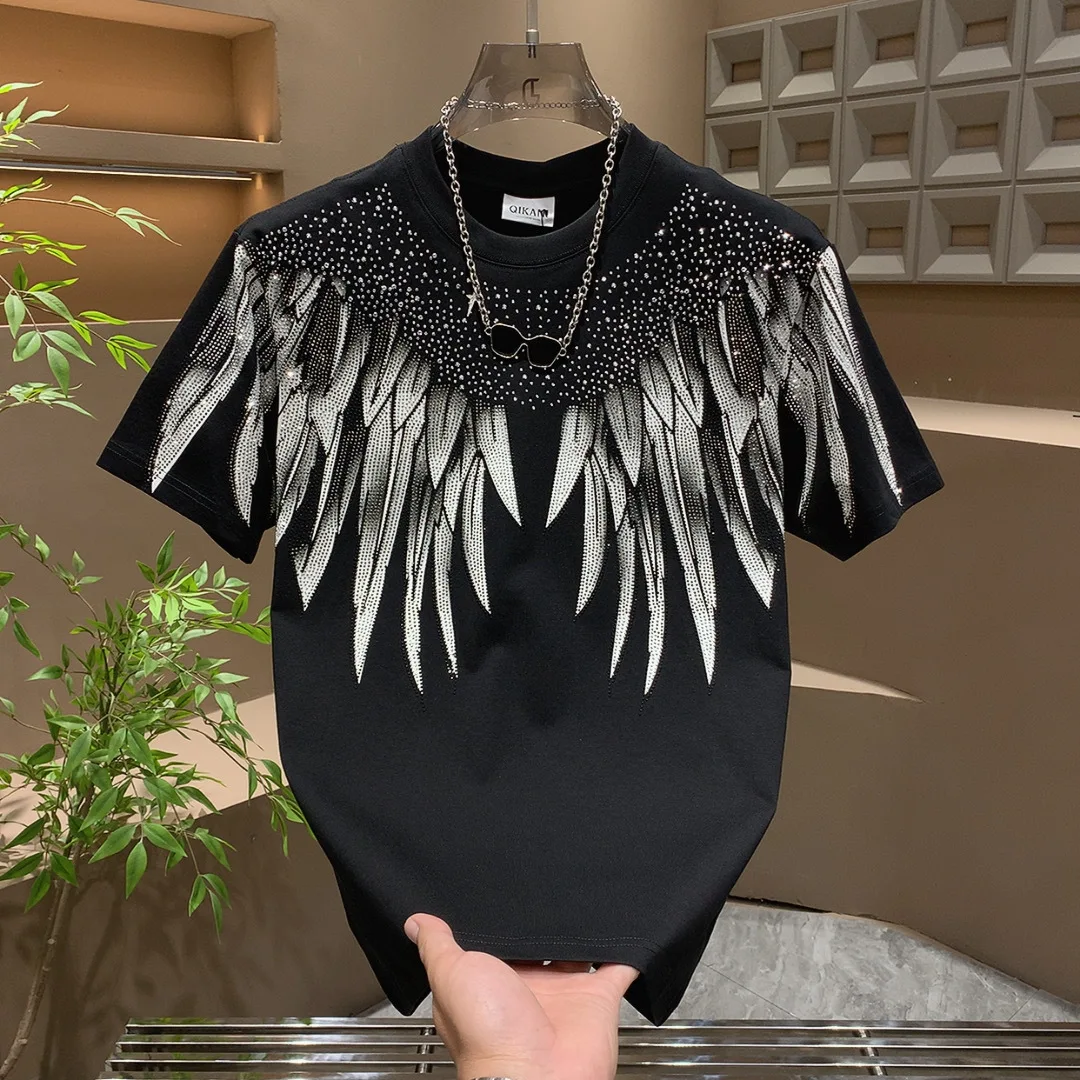 

Summer New Men's Short Sleeve T-Shirt American Style Trendy Brand Personality Wing Print Rhinestone Luxury Versatile Crew Neck